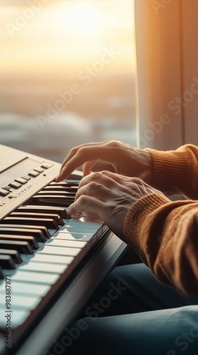 Musician with a portable keyboard, composing music while flying in an airplane photo