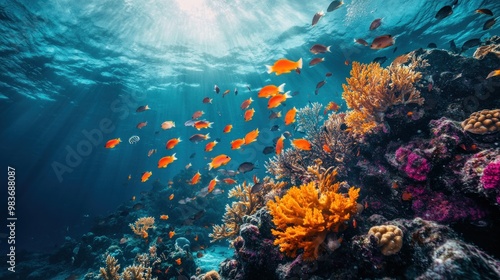 Sunbeams Illuminating Underwater Coral Reef