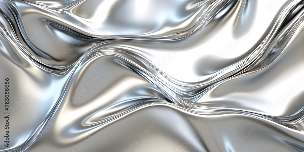 A close-up of smooth, silver, wavy liquid metal with shiny reflections. The background is white, A close-up of smooth, silver, wavy liquid metal with shiny reflections. The background is white,