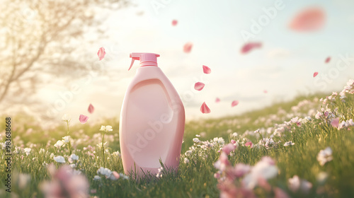 floral-scented laundry detergent bottle in a meadow, with petals floating in the breeze