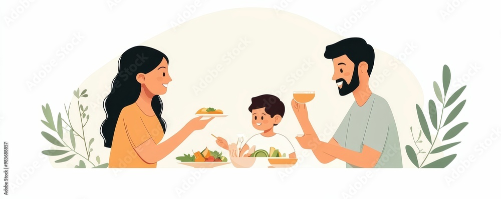 Indian family enjoying a healthy meal together, with traditional dishes rich in vegetables and grains, fostering well-being Indian family enjoying a healthy meal together, with traditional dishes rich in vegetables and grains, fostering well-being
