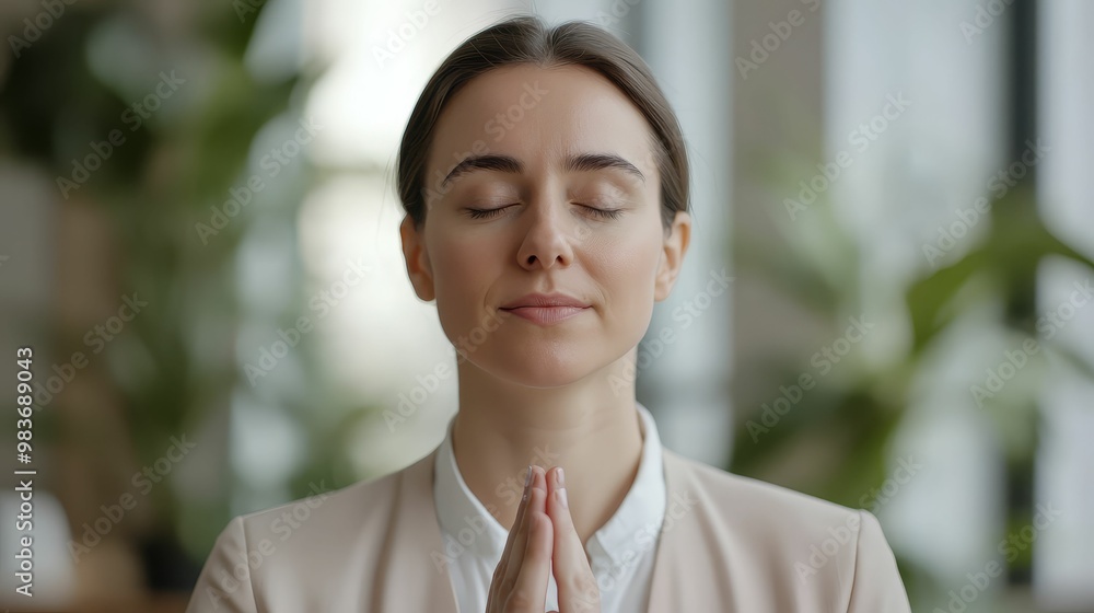 Businesswoman meditating in a quiet corner of the office, mental health and relaxation Businesswoman meditating in a quiet corner of the office, mental health and relaxation