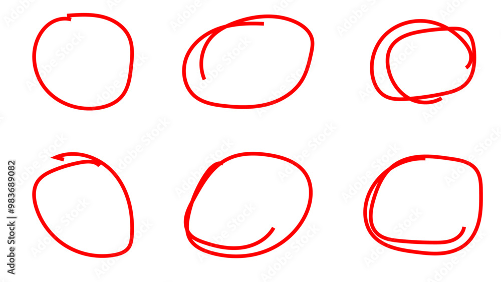 Set of hand drawn red circles and ovals. Highlight hand drawing circle isolated on white background. Round handwritten circle. For marking text, note, mark icon, vector. Vector illustration Set of hand drawn red circles and ovals. Highlight hand drawing circle isolated on white background. Round handwritten circle. For marking text, note, mark icon, vector. Vector illustration