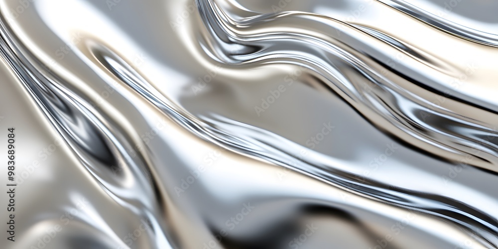 A close-up of smooth, silver, wavy liquid metal with shiny reflections. The background is white, A close-up of smooth, silver, wavy liquid metal with shiny reflections. The background is white,