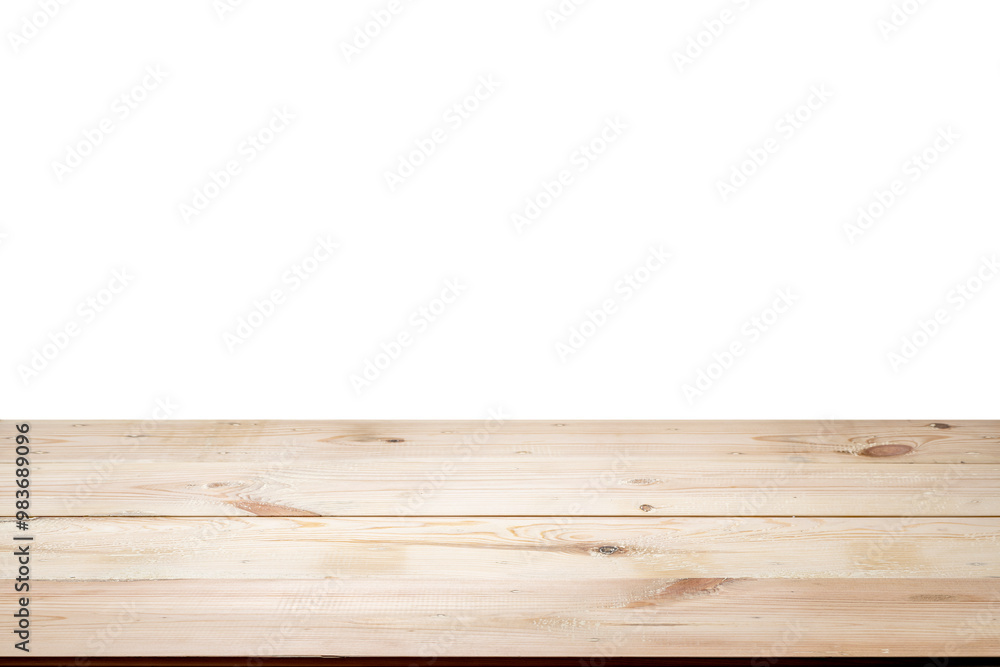 A wooden table is isolated over a white background. The table is empty and has a natural A wooden table is isolated over a white background. The table is empty and has a natural