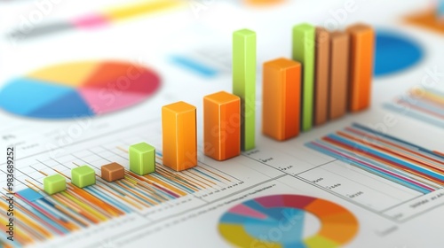 3D bar graphs and pie charts on financial reports, showcasing business data analytics and performance metrics.