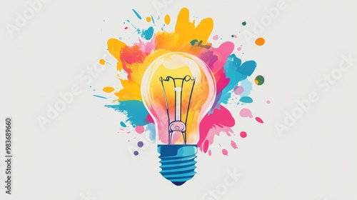 Bright light bulb with colorful paint splashes, symbolizing creativity, innovation, and inspiration on a white background.