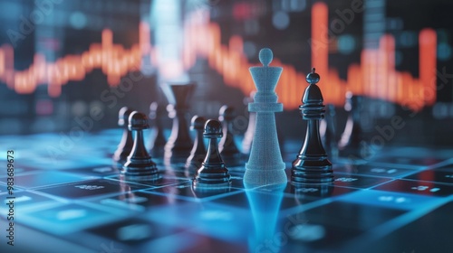 Chess pieces on a digital board with financial graphs in the background, symbolizing strategy and investment in the modern economy. photo