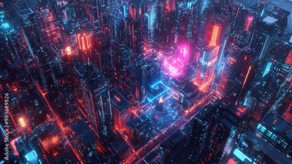 Obraz premium top view digital art featuring a futuristic city skyline, neon colors and holographic elements, creating a sci-fi dreamscape