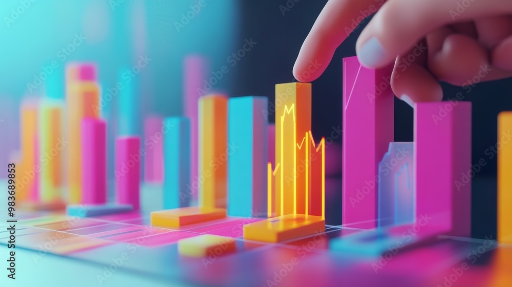 Colorful 3D bar graph on a digital screen with a hand pointing, symbolizing data analysis, growth, and business strategy. Colorful 3D bar graph on a digital screen with a hand pointing, symbolizing data analysis, growth, and business strategy.
