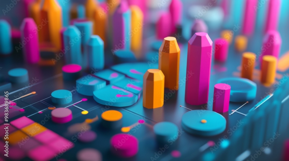 Colorful 3D data visualization showing graphs, bar charts, and abstract shapes, representing business stats and analytics, with a modern design. Colorful 3D data visualization showing graphs, bar charts, and abstract shapes, representing business stats and analytics, with a modern design.
