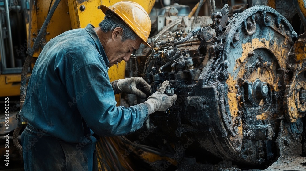 Focused Mechanic Repairing Heavy Machinery Focused Mechanic Repairing Heavy Machinery