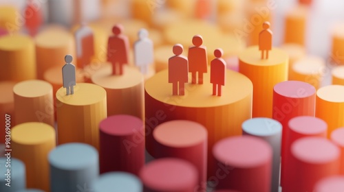 Colorful bar graph representing data analysis with human figures on top, symbolizing workforce, statistics, and demographics.