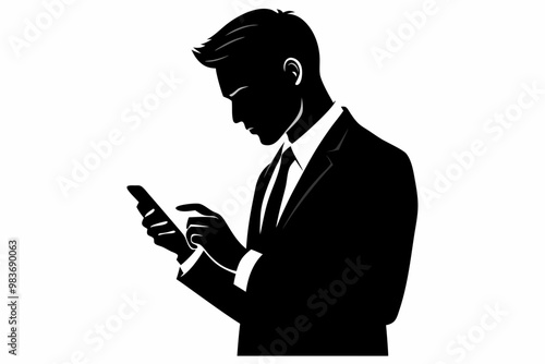 Business man browsing cell phone silhouette, man browsing cell phone vector illustration photo