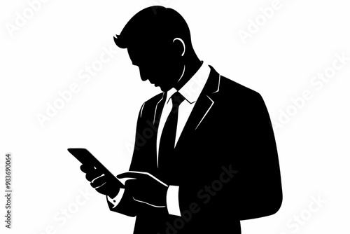 Business man browsing cell phone silhouette, man browsing cell phone vector illustration photo