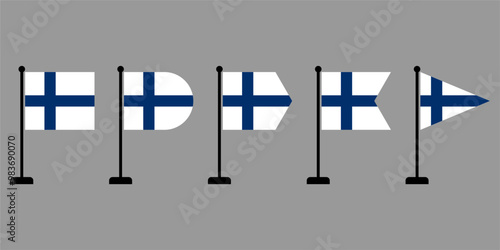 Collection of Flags of the Republic of Finland flying on a flagpole with a selection of different shape variations isolated on a gray background, vector illustration editable and scalable, EPS format