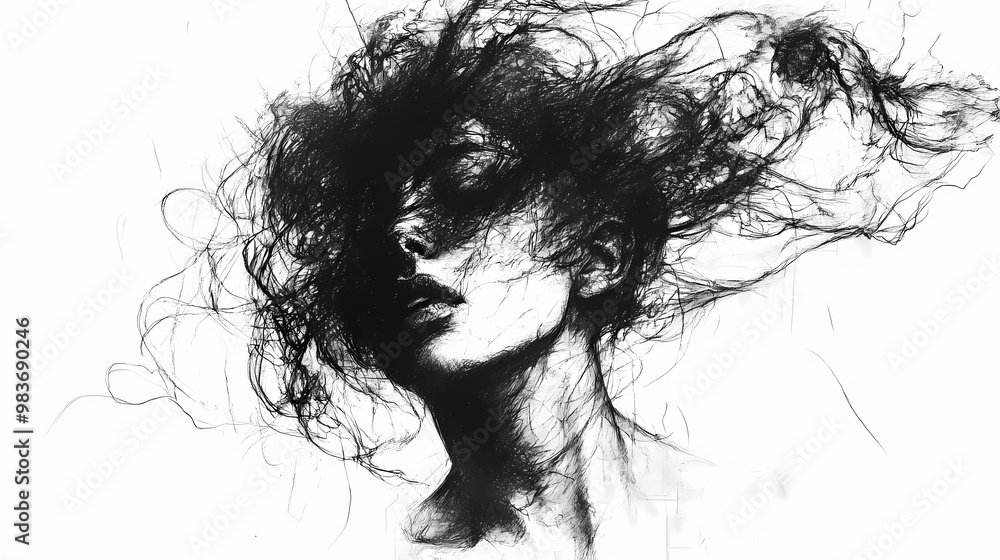A black and white drawing of a person with messy hair. the drawing is very abstract and has a lot of lines. the mood of the drawing is chaotic and disordered. Charcoal Drawing. Illustration A black and white drawing of a person with messy hair. the drawing is very abstract and has a lot of lines. the mood of the drawing is chaotic and disordered. Charcoal Drawing. Illustration