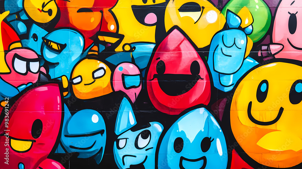 Obraz premium A graffiti wall filled with colorful cartoon characters. Graffiti Mural. Illustration