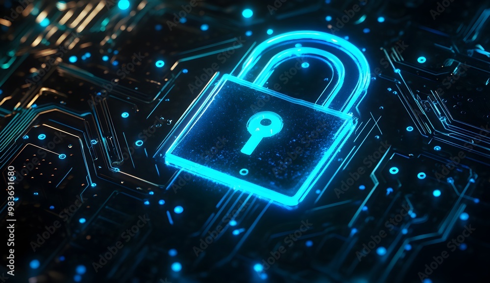 A digital illustration of an illuminated lock symbol with circuit patterns, A digital illustration of an illuminated lock symbol with circuit patterns,