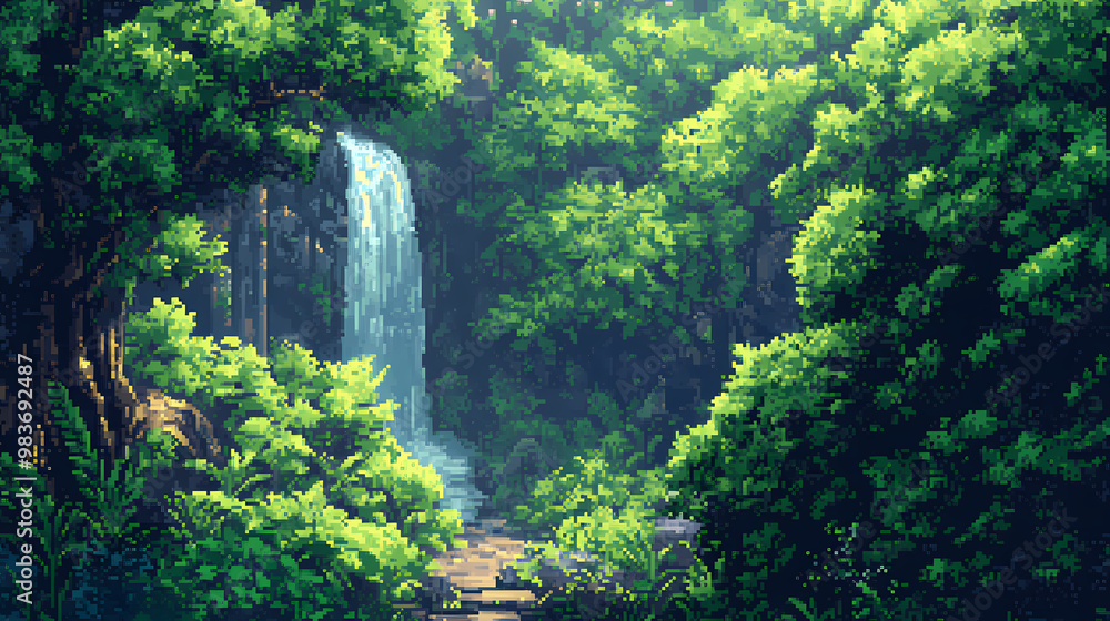 A pixel art image of a forest. the forest is full of green trees and plants. there is a path in the forest that leads to a waterfall. Pixel Art. Illustration
