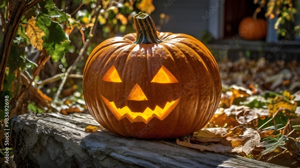 Obraz premium A glowing jack-o'-lantern with a carved grin sits among autumn leaves, capturing the spooky, festive essence of Halloween.