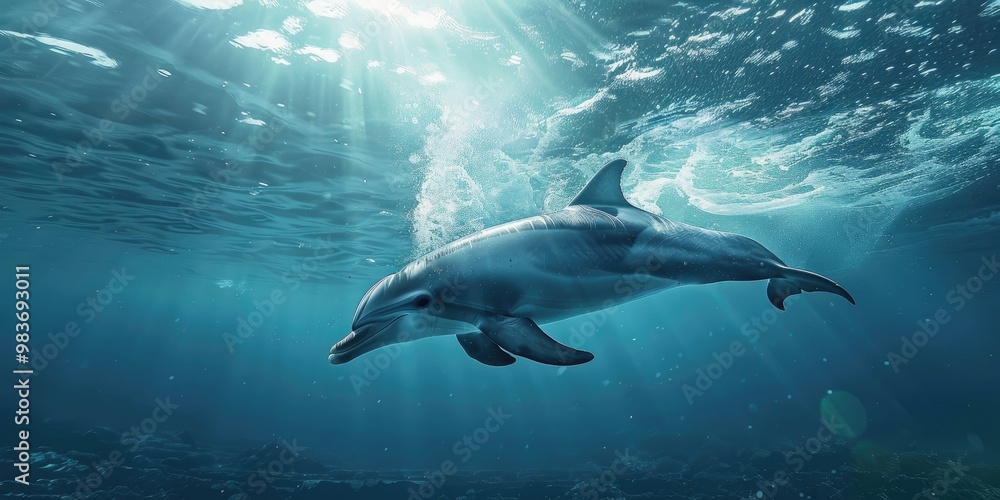 Obraz premium Dolphin elegantly moving across the water's surface, revealing its prominent dorsal fin while softly exhaling air from its blowhole.