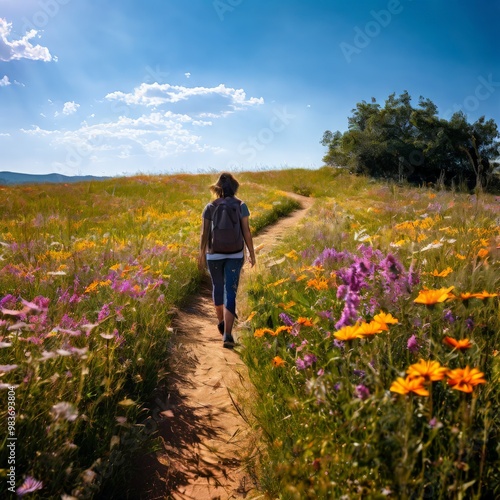 A woman walks along a winding path through a sunny meadow filled with vibrant wildflowers. The scene is bathed in bright sunlight, capturing the essence of a peaceful, nature-filled journey, perfect