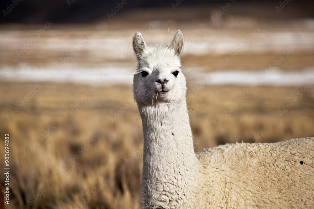 A close-up of a white alpaca in a natural landscape.