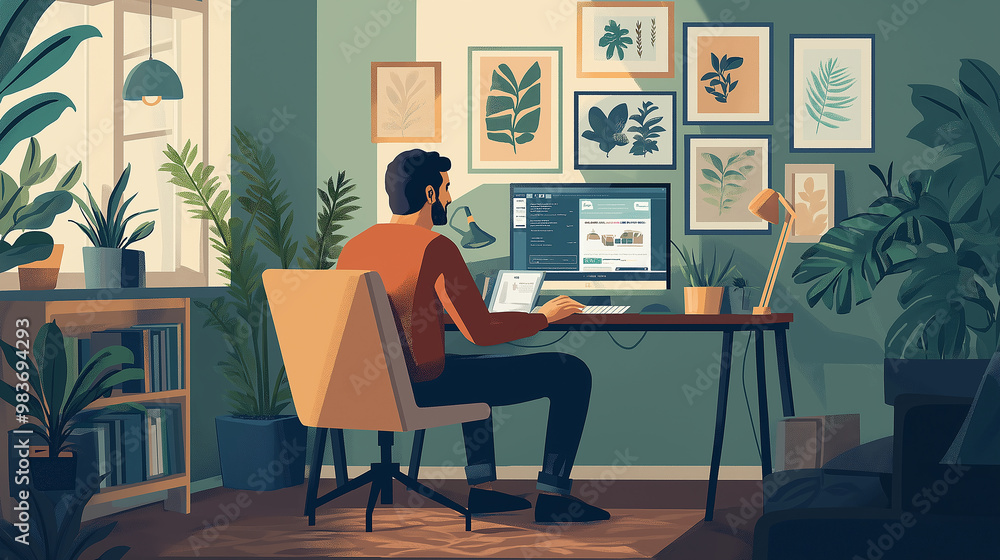 Freelancer working from home office surrounded by plants Freelancer working from home office surrounded by plants