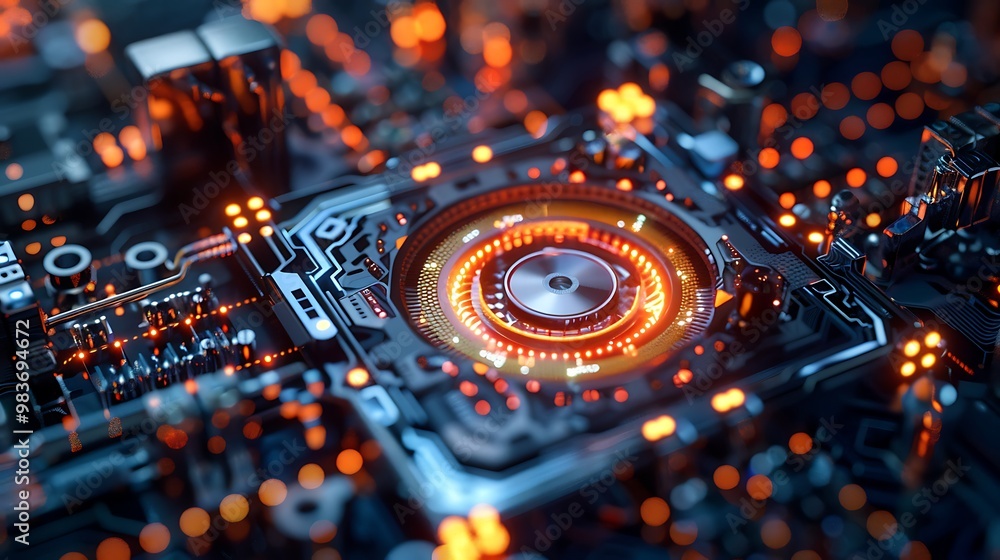 Fototapeta premium Abstract futuristic technology background with a glowing circuit board and an intricate network of wires.