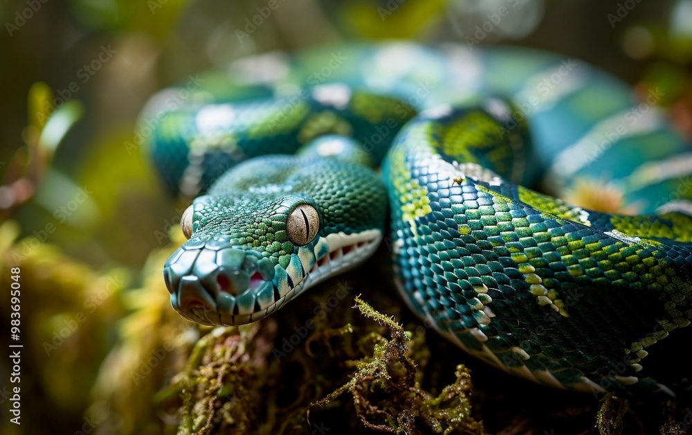 Fototapeta premium Close-up wildlife photograph of an emerald boa constrictor, showcasing its vibrant green scales and natural habitat, perfect for nature and reptile themes. 