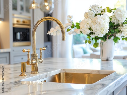 luxury kitchen sink with a gold faucet and marble countertop - ai