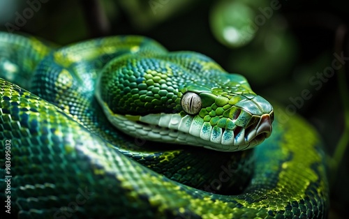 Close-up wildlife photograph of an emerald boa constrictor, showcasing its vibrant green scales and natural habitat, perfect for nature and reptile themes. 