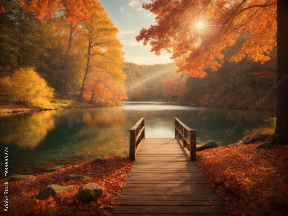 Lake bridge in fall forest autumn nature landscape. Lake bridge in fall forest autumn nature landscape.