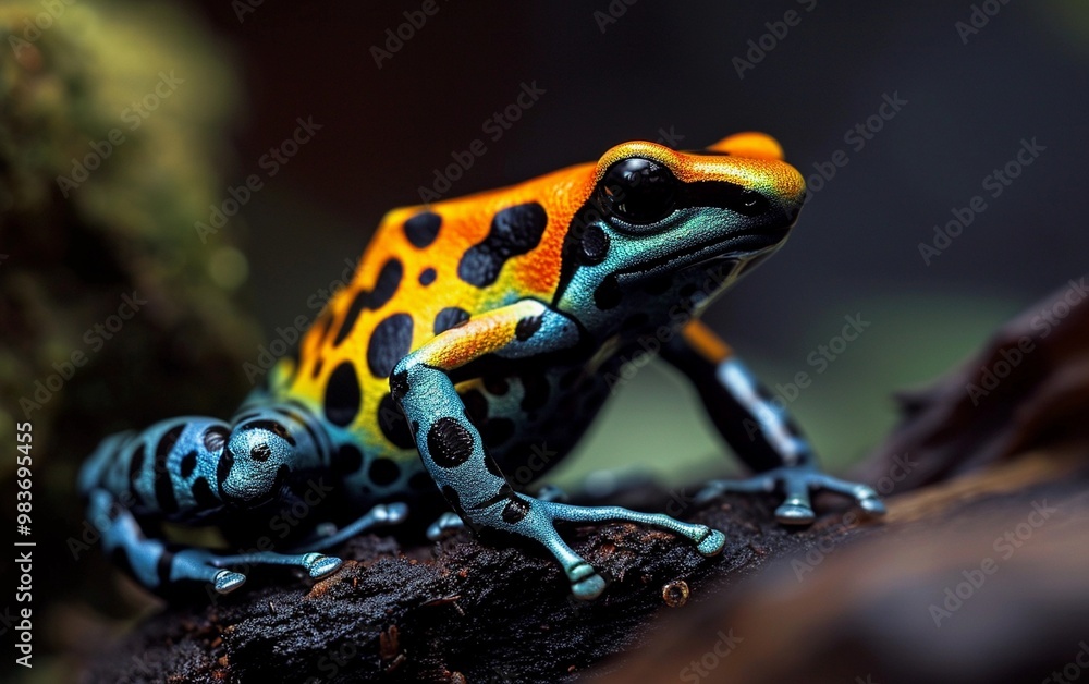 Obraz premium Close-up wildlife shot of a vibrant poison dart frog in its natural habitat, showcasing its vivid colors and unique patterns.