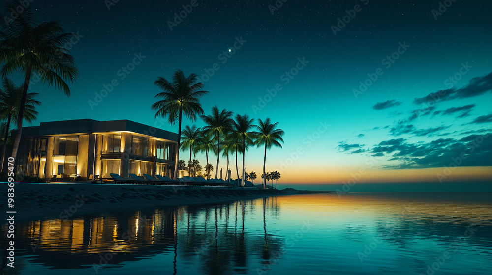 Obraz premium Modern luxury villa reflecting in ocean at sunset on tropical island
