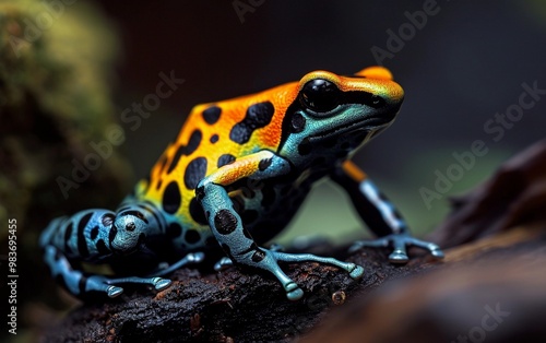 Close-up wildlife shot of a vibrant poison dart frog in its natural habitat, showcasing its vivid colors and unique patterns. 