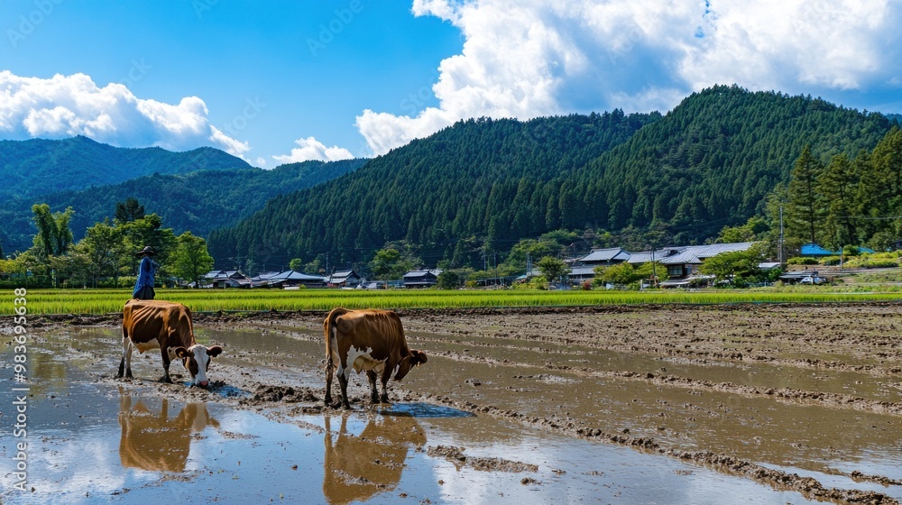 Obraz premium Two Cows Grazing in a Muddy Rice Paddy Field