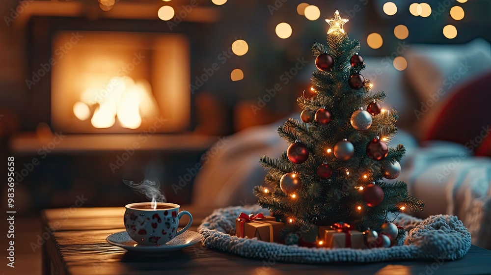 A charming tabletop Christmas tree decorated with miniature ornaments and fairy lights. A charming tabletop Christmas tree decorated with miniature ornaments and fairy lights.