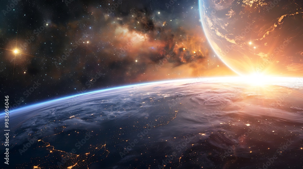Planet Earth from space showcasing a vibrant sunrise over a swirling atmosphere a beautiful blue planet with a glow and a vast cosmos filled with twinkling star a majestic nebula. Planet Earth from space showcasing a vibrant sunrise over a swirling atmosphere a beautiful blue planet with a glow and a vast cosmos filled with twinkling star a majestic nebula.