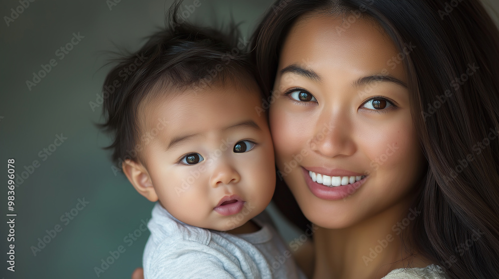 Asian mother holding her baby and smiling Asian mother holding her baby and smiling