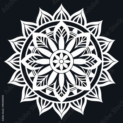 a vector of black and white colour design of a mandala with a black background