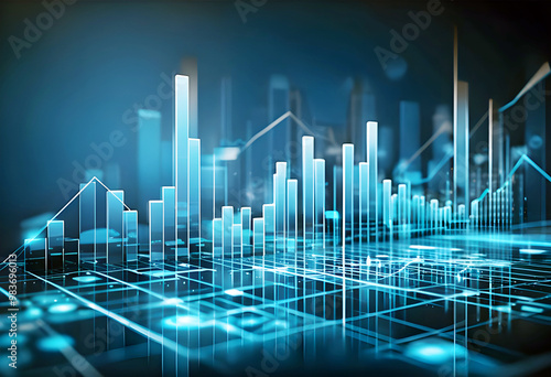 A 3D coin background with a blue finance graph and investment bar, showcasing growth and success in the market with technology and currency reports.