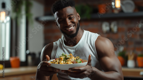 Handsome athletic man holding a bowl of healthy food and smiling