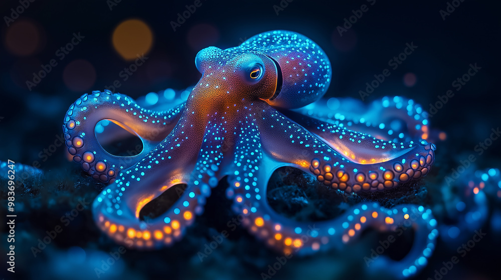Bioluminescent octopus glowing on the seabed Bioluminescent octopus glowing on the seabed