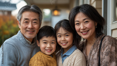 Happy multi-generational asian family smiling together on porch