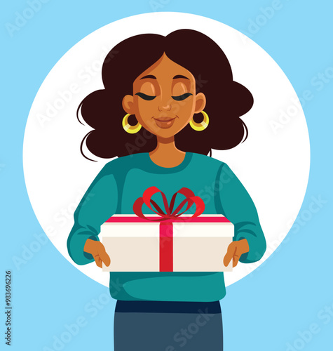 Happy Woman Holding a Big Birthday Present Vector Cartoon illustration. Joyful festive girl celebrating with gifts 
