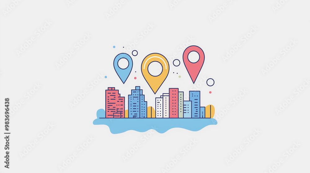 Colorful map pins showing locations in a modern city Colorful map pins showing locations in a modern city