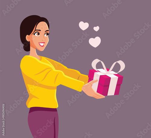 Affectionate Woman Offering a Gift Vector Cartoon Illustration. Girlfriend holding a Valentine’s Day present box
