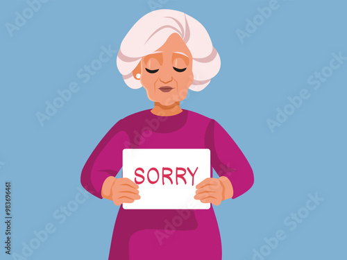 Senior Woman Holding a Sorry Sign Apologizing Vector Cartoon. Sad grandma feeling regret and remorse in her golden years 
